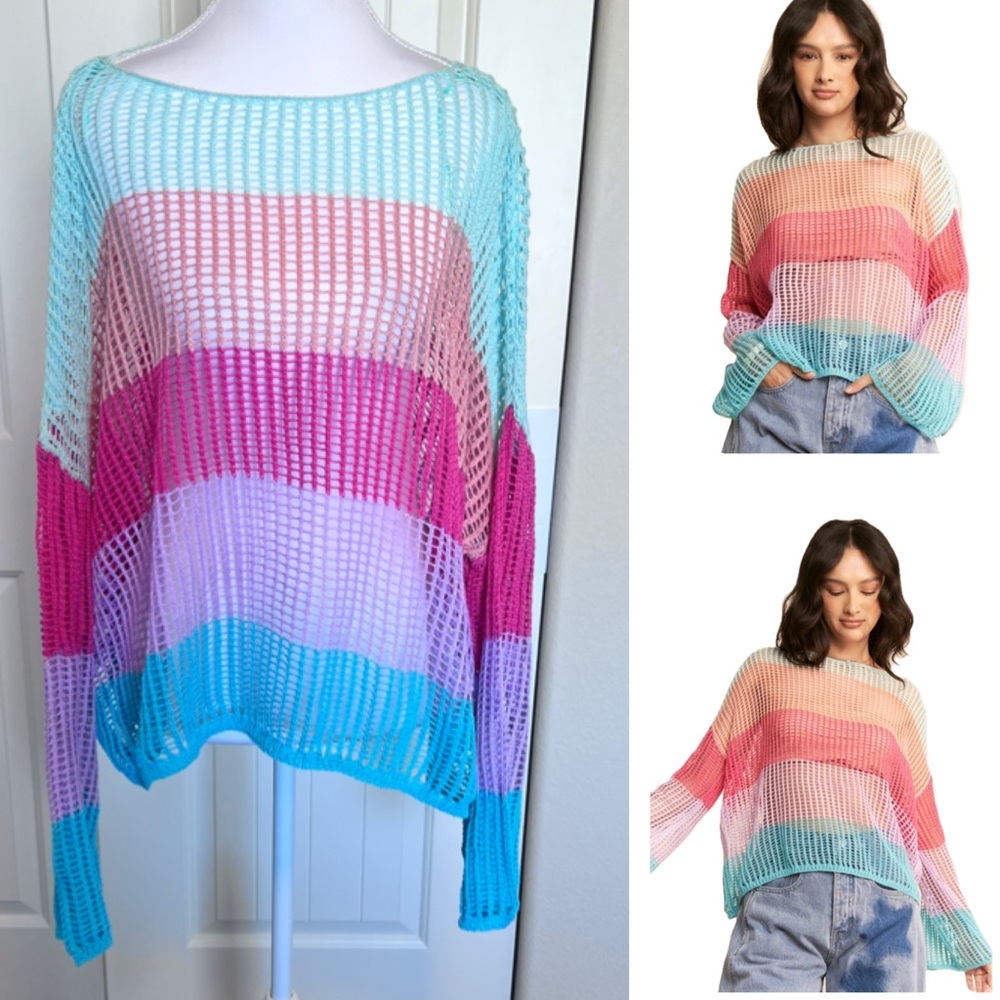 Davi & Dani Rainbow Crochet Open Knit Bell Sleeve Top NWT One Size Fits Most